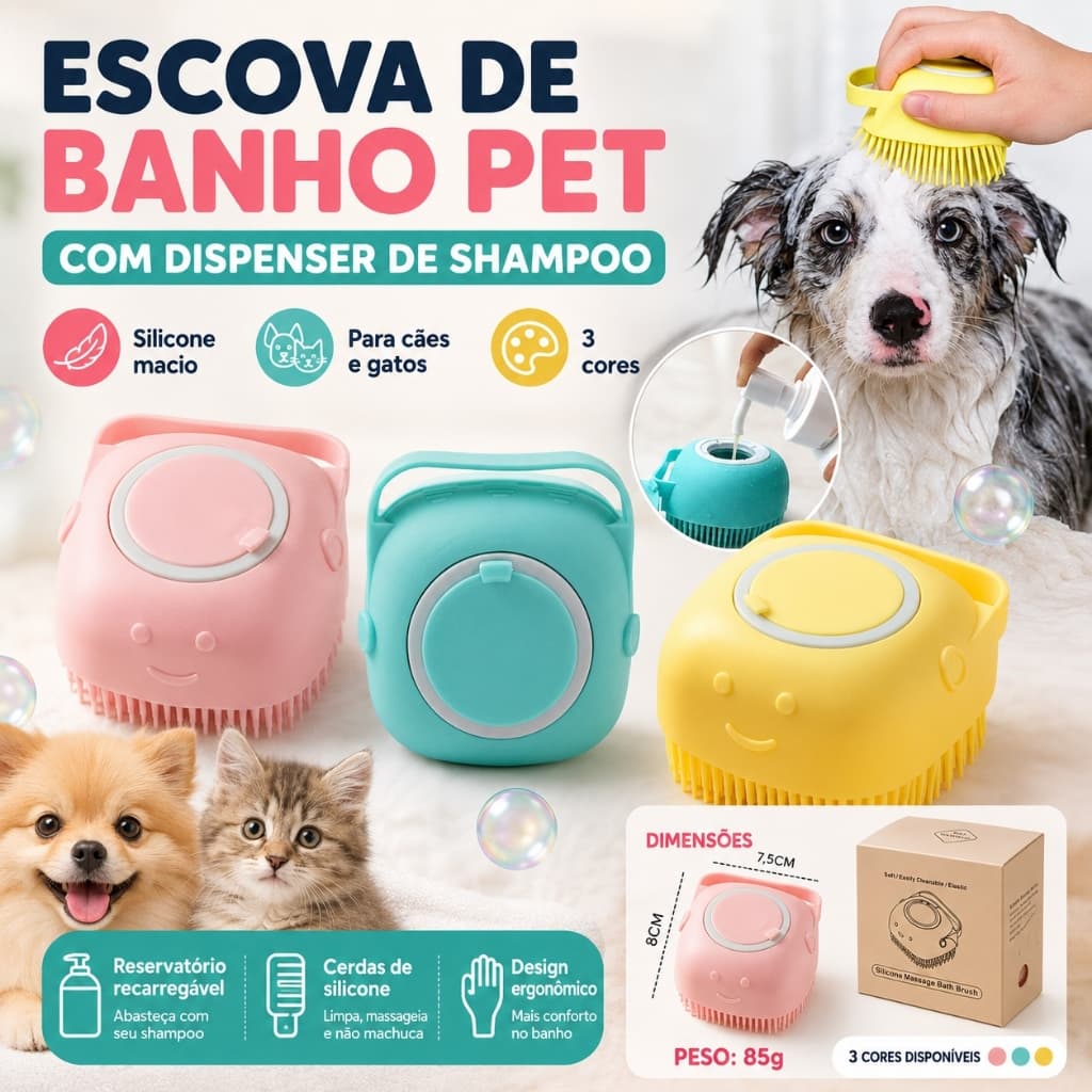 Dispensador De Shampoo, escova Sabonete Esponja De Silicone Banho Crianças Adultos Pet Cachorro Gato