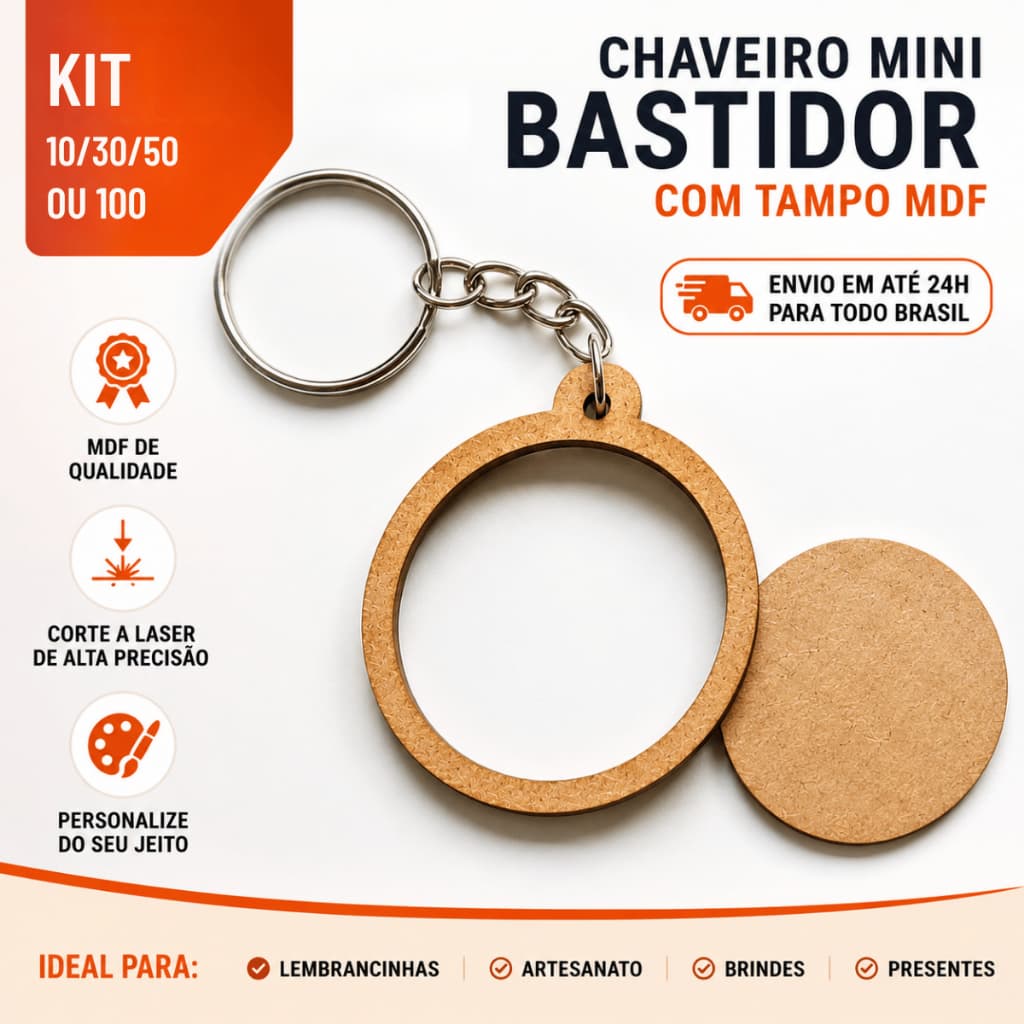 Kit  Chaveiro Mini Bastidor Redondo com Tampo Mdf Artesanato Kit 10/30/50/100 Unidades