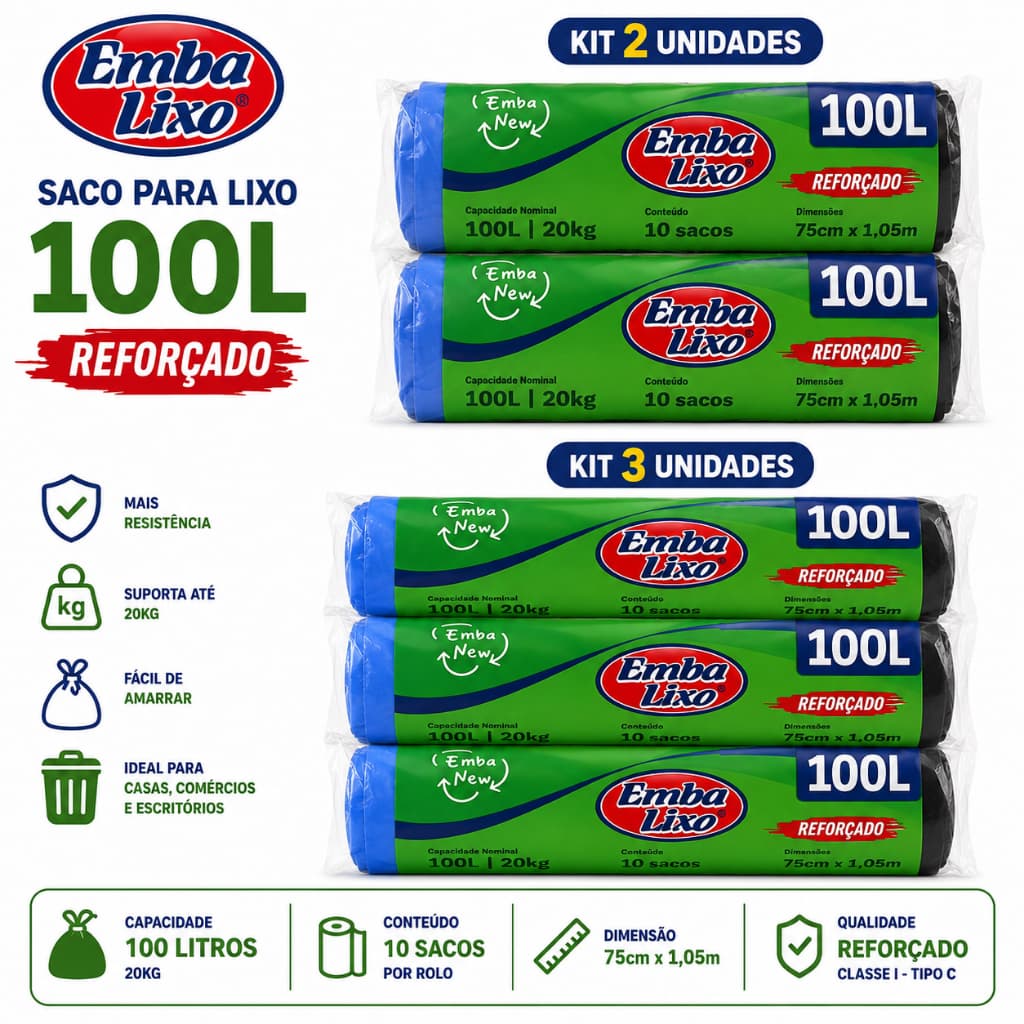 kit 30 Sacos de Lixo Embalixo 100 Litros Reforçado 10 Unidades 20kg