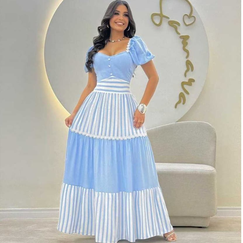 Vestido Longo Princesa Listrado Moda Cristã