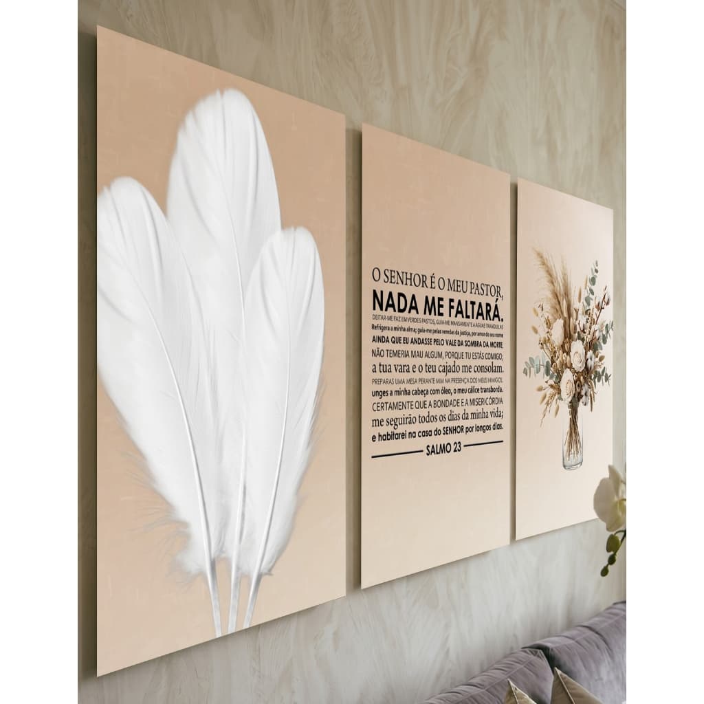 Quadro Decorativo Kit 3 Peças Salmo 23 O Senhor é Meu Pastor Bíblico Sala Quarto Escritório