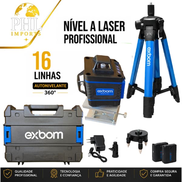 Nível a Laser 16 Linhas Verde Exbom FEPRO-NL1622 30m Bateria Recarregável 360° Com Tripe e maleta