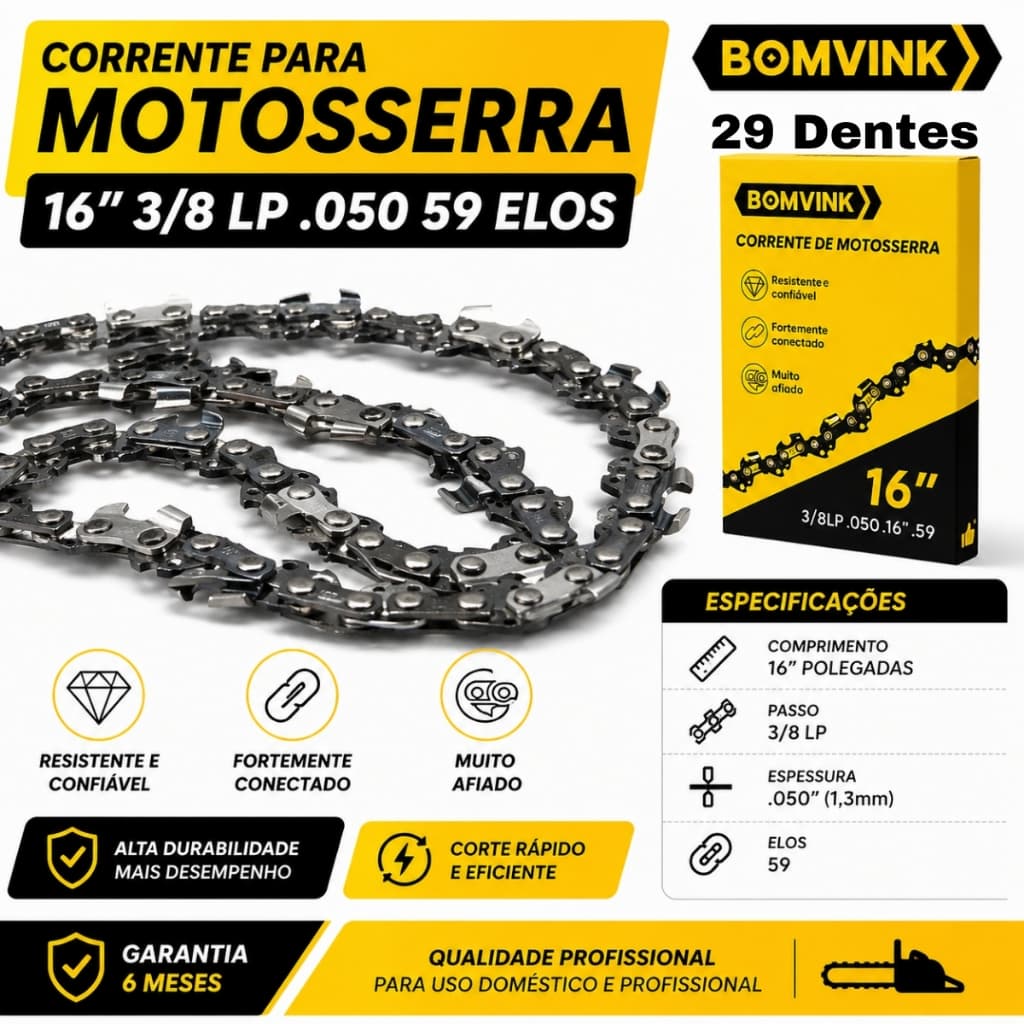 Corrente Motosserra 16” 3/8 LP .050 59 Elos Bomvink | Alta Durabilidade e Corte Preciso