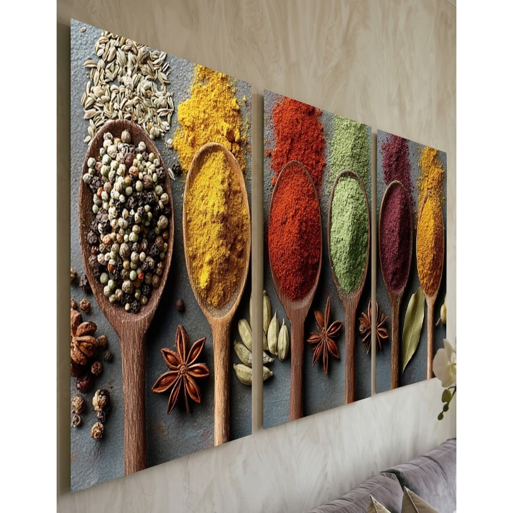 Kit 3 Quadros Decorativos Cozinha Temperos Especiarias Colher Pau Mosaico Rústico Gourmet Bistrô