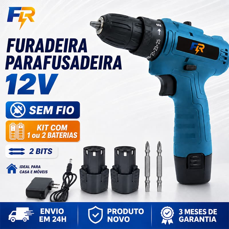 Furadeira Parafusadeira 12V Sem Fio Recarregável 3/8 Com Bateria Carregador e 2 Bits