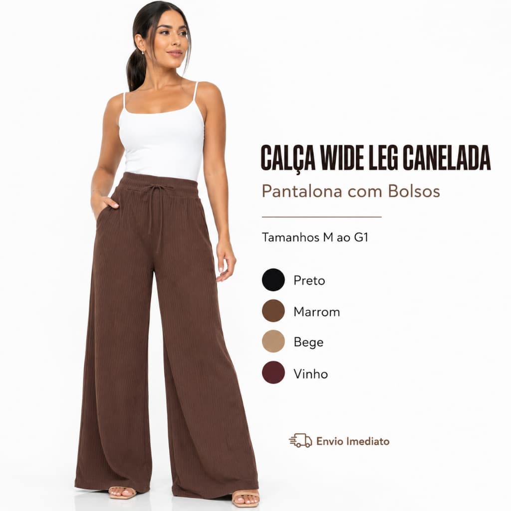 Calça Wide Leg Canelada Pantalona Com Bolsos Lisa Feminino Cintura Alta Cordão Confortável