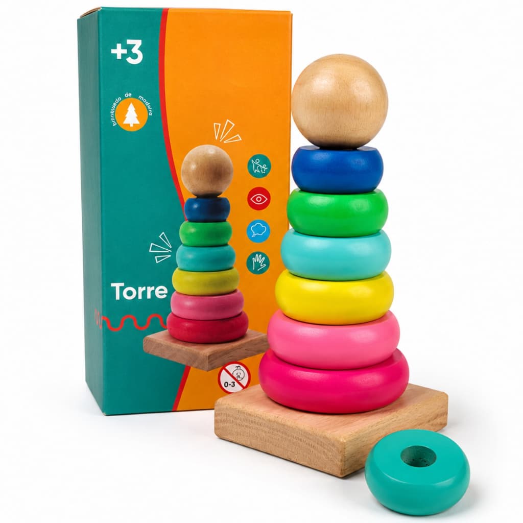 Torre de Empilhar Montessori Madeira Educativo Bebê 7 Peças Coordenação Motora Sensorial