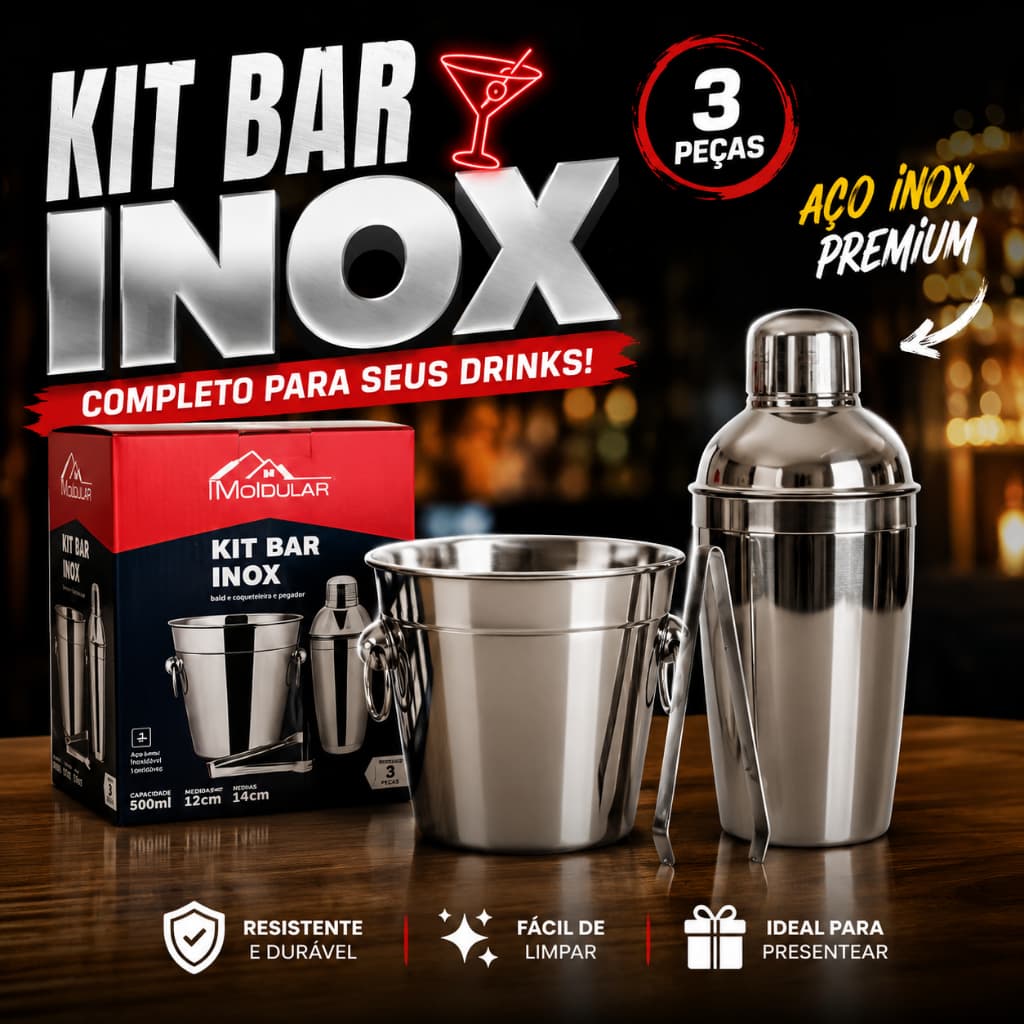 Kit Bar em Aço Inox com Balde, Coqueteleira e Pegador – Elegante, Resistente e Ideal para Drinks