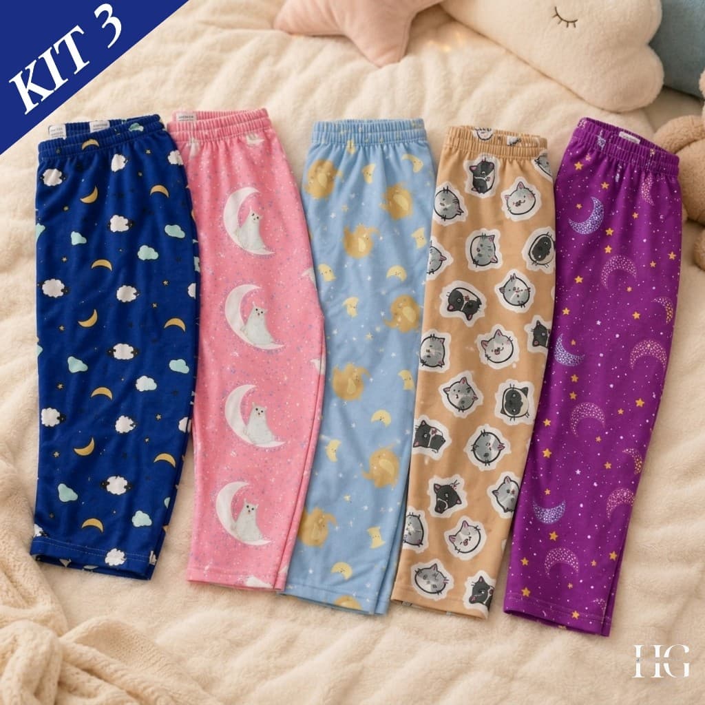 Kit 3 Calças de Pijama Infantil Suede Longa Estampada Sortida Confortável Para Dormir