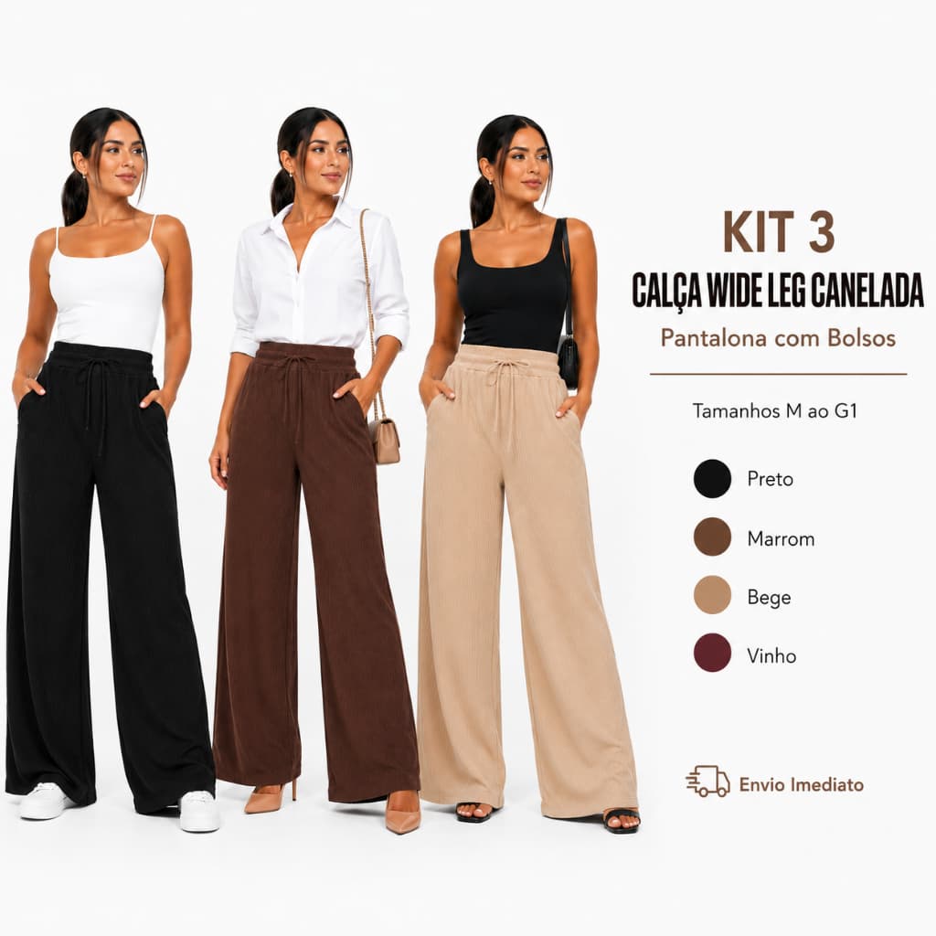Kit 3 Calças Wide Leg Feminina Canelada Pantalona Lisa Cintura Alta com Bolsos e Cordão