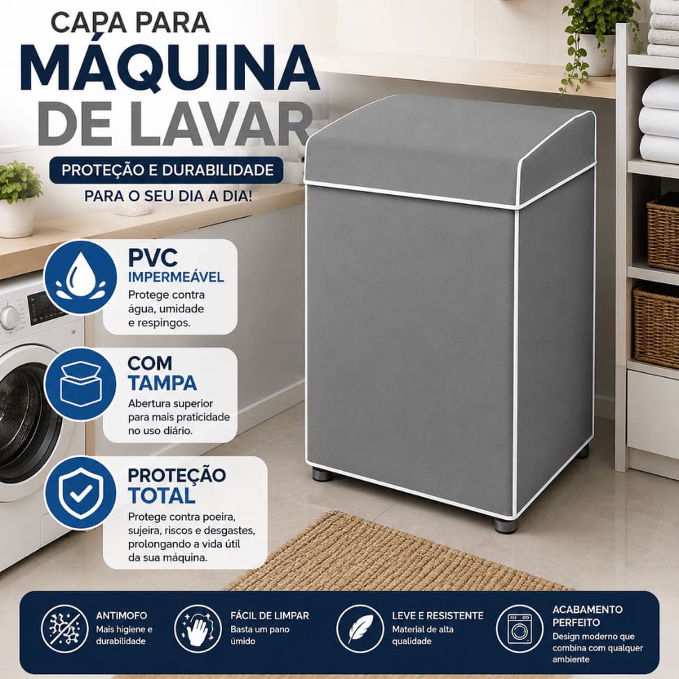 Capa de Maquina de Lavar ou Lavadora PVC Impermeavel Anti Poeira Cinza Branco Bege Preto Protecao C/Tampa Sem Ziper