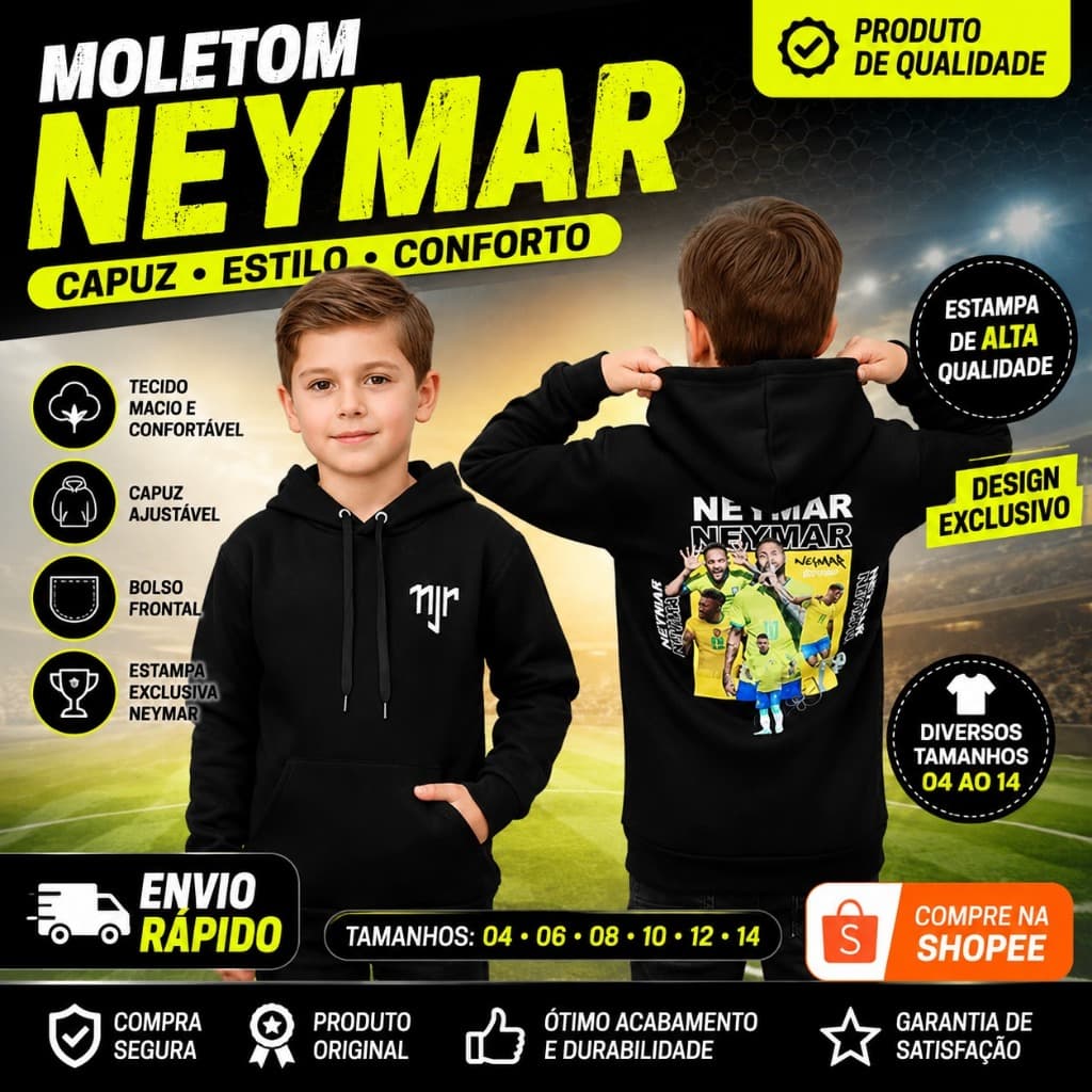 Moletom Neymar Infantil Masculino com Capuz | Blusa Frio Menino Estampada Confortável