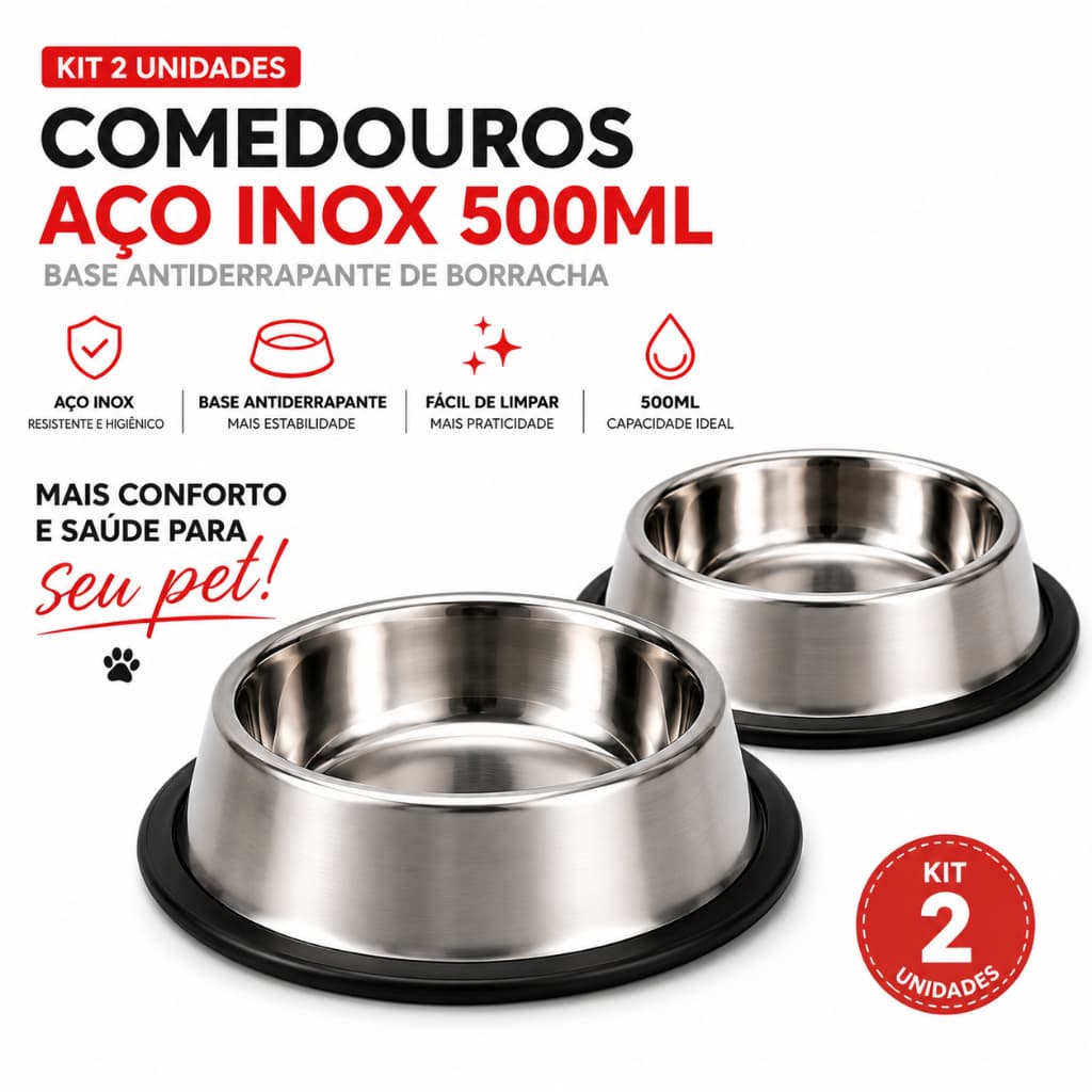 KIT 2 Comedouro pet antiderrapante inox 500ml cachorro e gato água e comida I não enferruja é fácil de limpar tigela pet