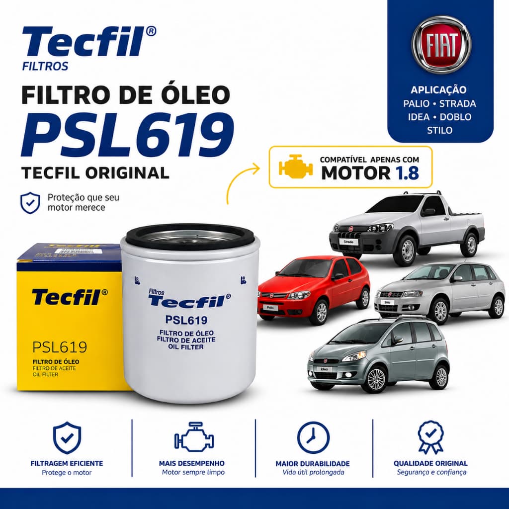 Filtro Óleo Tecfil Original PSL619 Fiat 1.8 Motor GM Palio Strada Doblo Siena Idea Stilo
