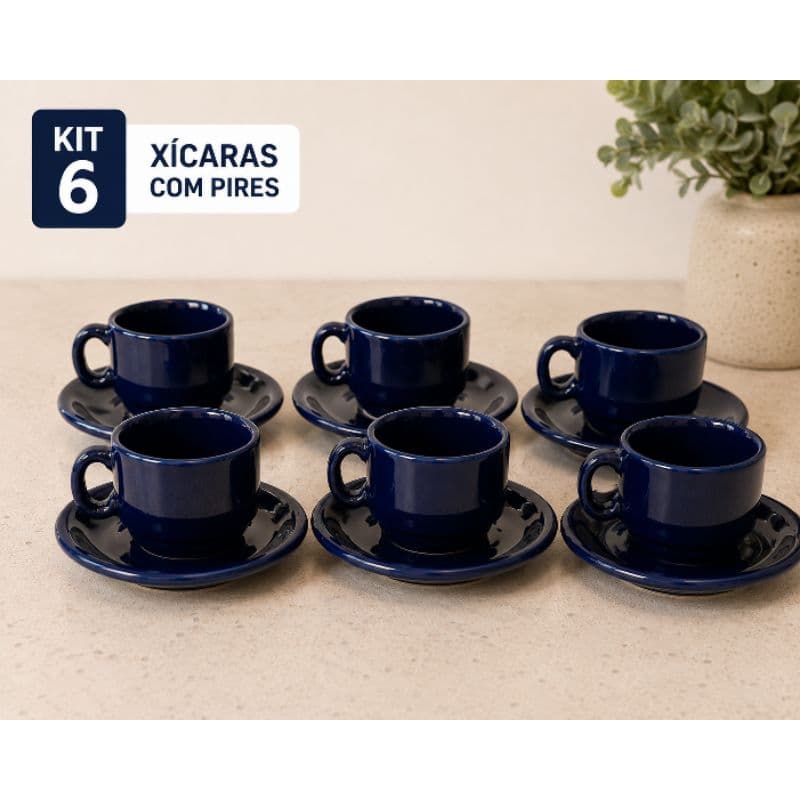 Kit 6 Xícaras de Chá com Pires Cerâmica Azul Marinho | Jogo Elegante para Chá | Resistente e Sofisticado