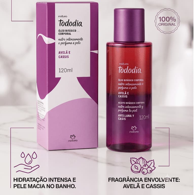 Óleo Bifásico Corporal Natura Tododia Avelã e Cassis – 120ml Óleo Pós Banho