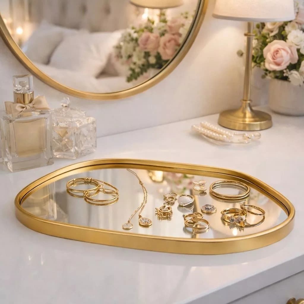 BANDEJA DECORATIVA ESPELHADA FORMATO ORGÂNICO MULTIUSO BANHEIRO LAVABO SALA PRETO DOURADO ESPELHO ORGÂNICO