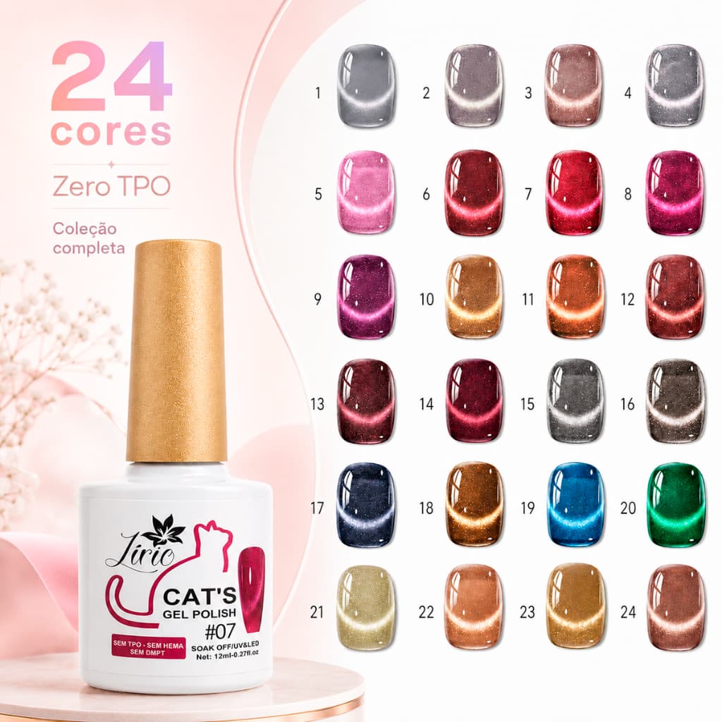 Kit 24 Esmalte Olho de Gato em Gel Magnético 12ml LIRIO Reflexivo Glitter Unhas Manicure LED UV Cat Eye