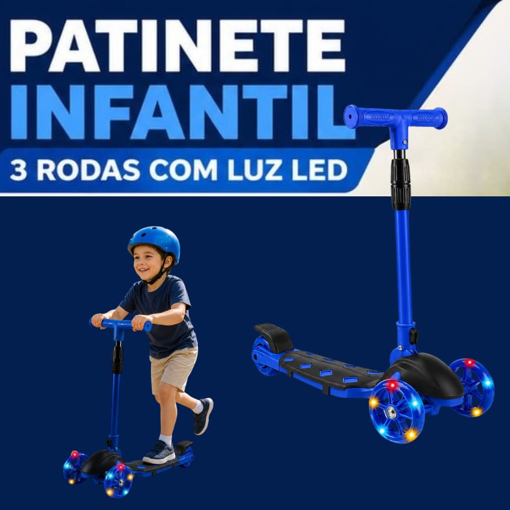 Patinete Infantil 3 Rodas e com Luz LED, guidão com ajuste, crianças acima de 3 anos