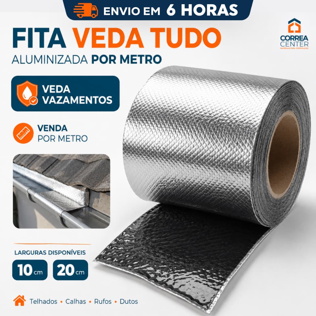 Fita Manta Asfaltica Adesiva Impermeavel Veda Tudo Goteira Telhado Calha Rufo Vazamento 10cm 20cm