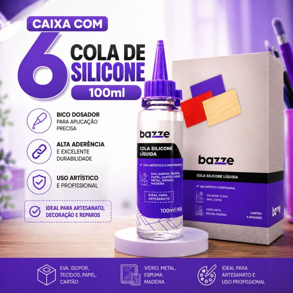 Caixa com 6 Cola Silicone Líquida Bazze 100ml Uso Artesanal Papel EVA Madeira