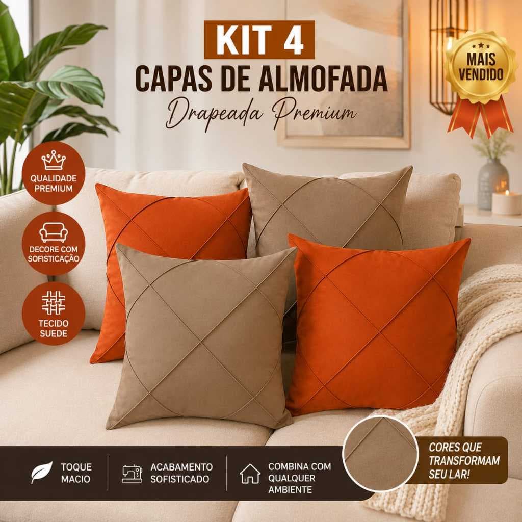 Kit 4 capa de almofada suede drapeada decorativa premium
