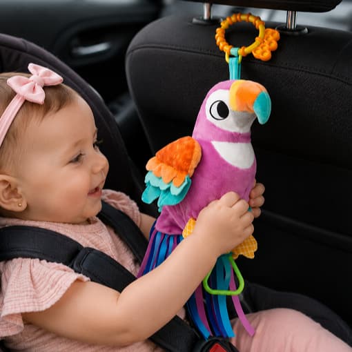 Brinquedo de pelúcia Papagaio Laila para bebê da BUBA | Sensorial interativa com Chocalho e Mordedor, para menina