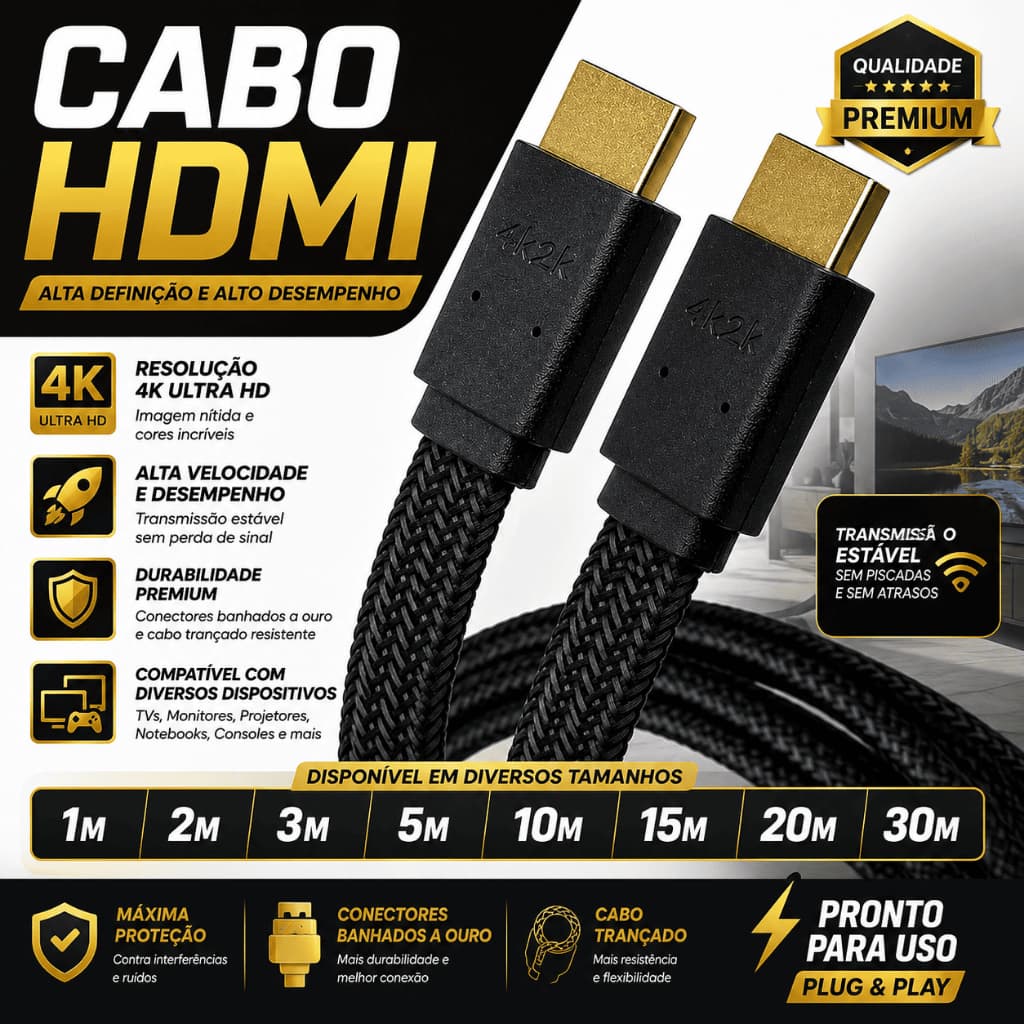Cabo HDMI 4K Full HD Ultra Resolução Tipo Flat Blindado Reforçado Alta Velocidade Premium 1.5M a 30M