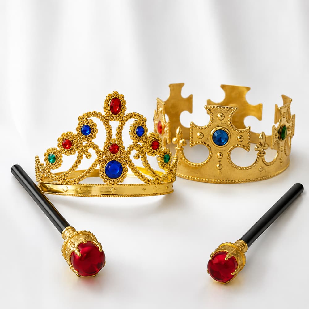 Kit Coroa Dourada Rei E Rainha Com Cetro Adulto E Infantil Carnaval Com Regulagem