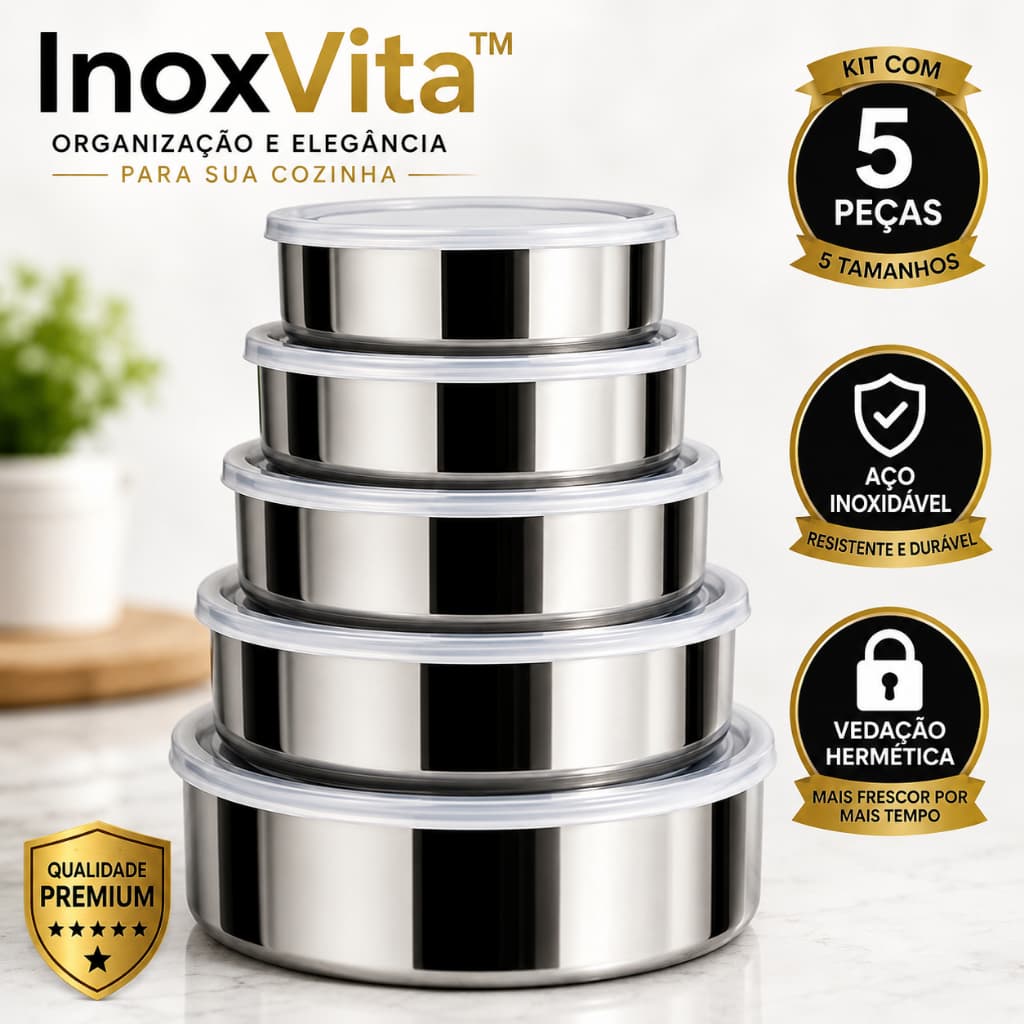Kit 5 Potes Herméticos Redondos Inox com Tampa | Conjunto para Organizar Geladeira e Cozinha | 250ml a 1200ml