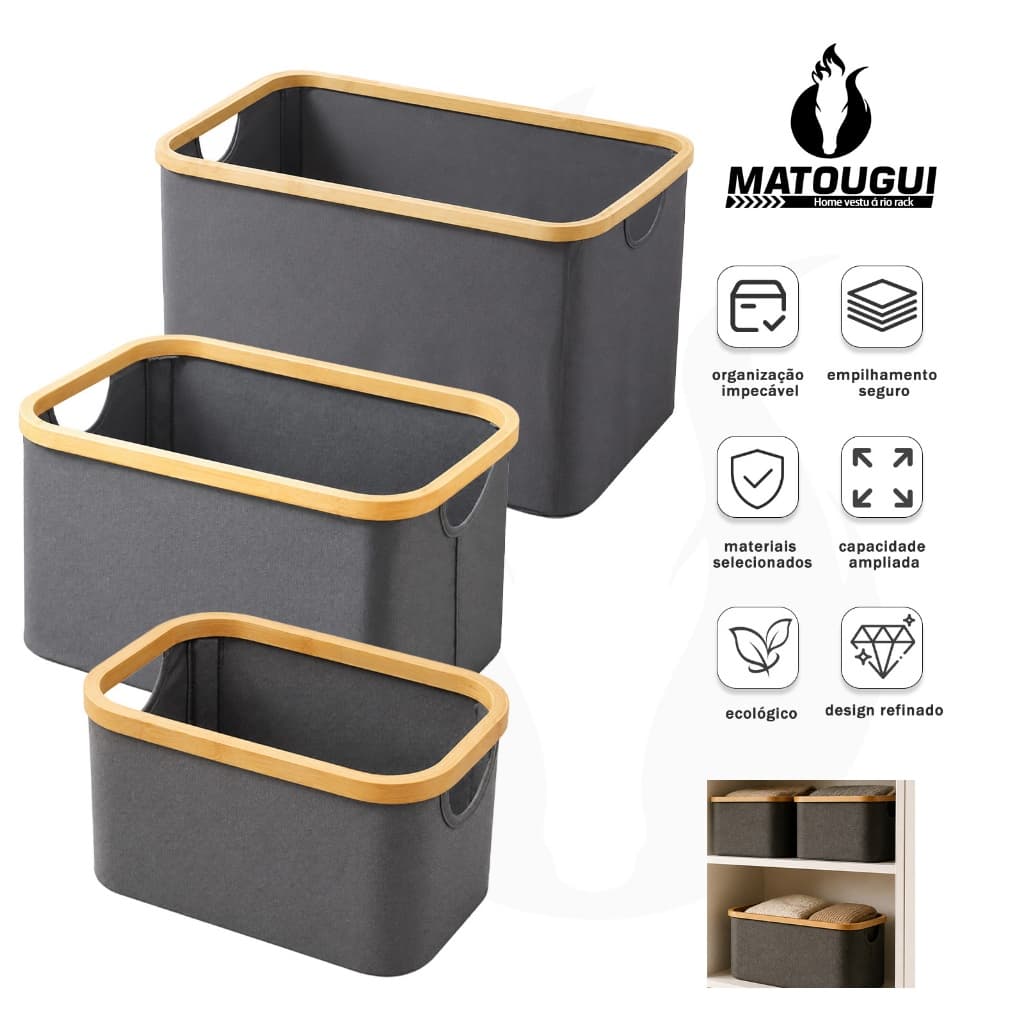 MTG Conjunto Caixa Armazenamento Borda Bambu Tecido Oxford Cinza 3 Peças para Closet Gaveta