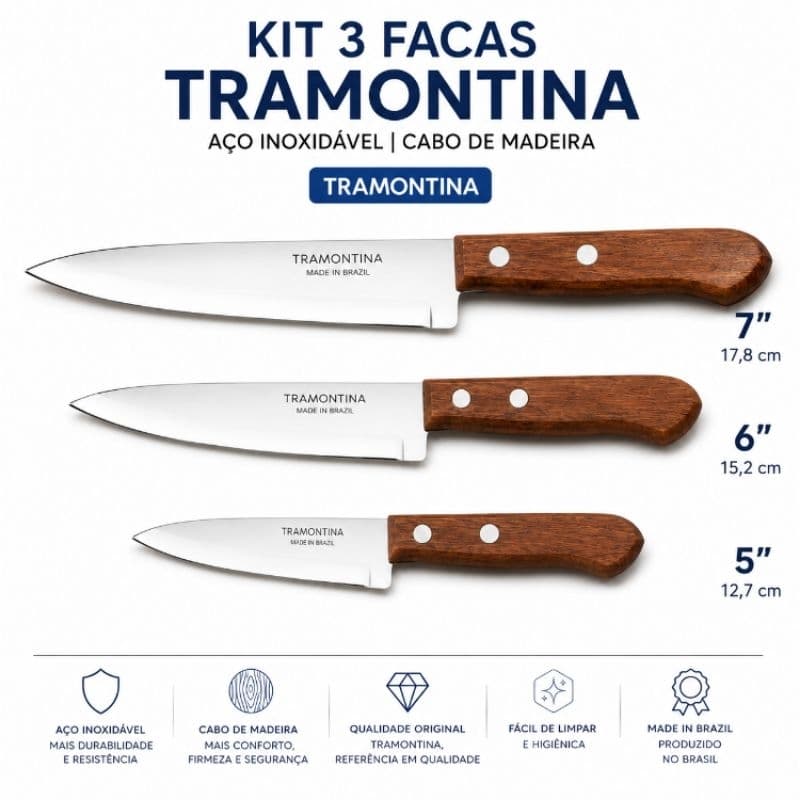 Kit 3 Facas Tramontina Aço Inox Original 5 6 7 Cabo Madeira Cozinha Churrasco
