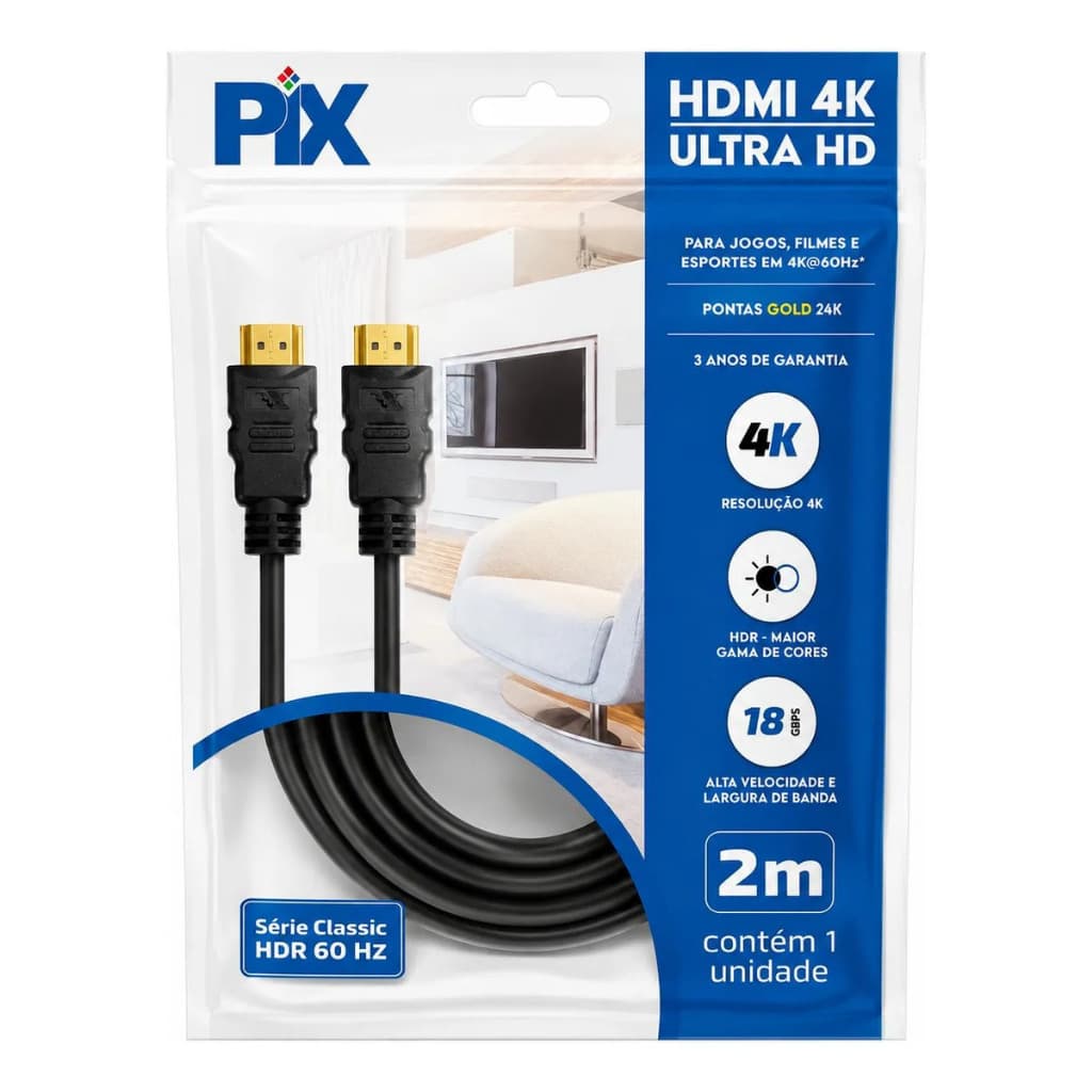Cabo HDMI 2.0 Pix Gold 2 Metros 4K Ultra HD HDR 60Hz 18Gbps Alta Velocidade