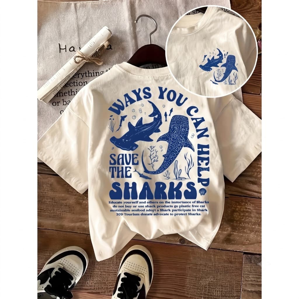 Camiseta Feminina Casual de Gola Redonda e Manga Curta com Estampa de Tubarão e Design de Proteção do Oceano PLUS SIZE