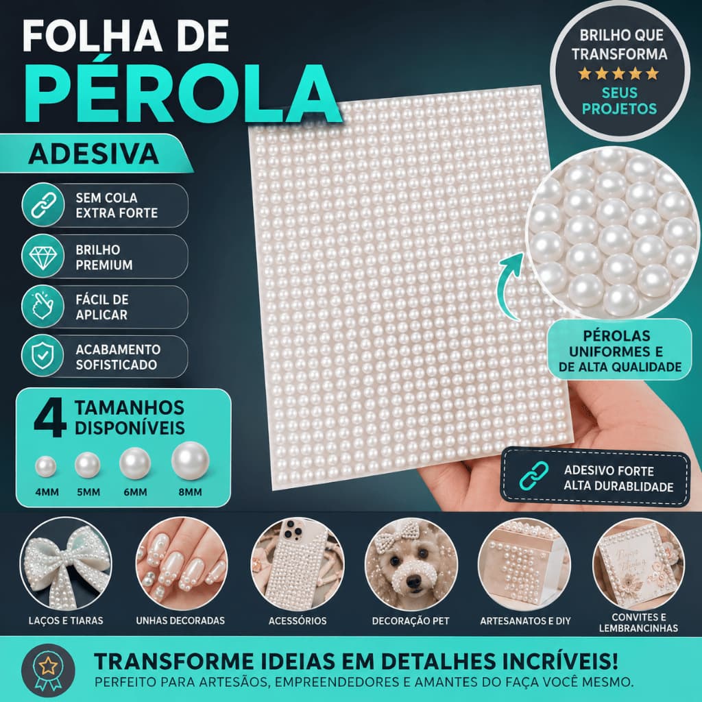 Folha Pérola Adesiva Autocolante 4mm 5mm 6mm 8mm Para Laços Tiaras Artesanato e Personalizados -CH