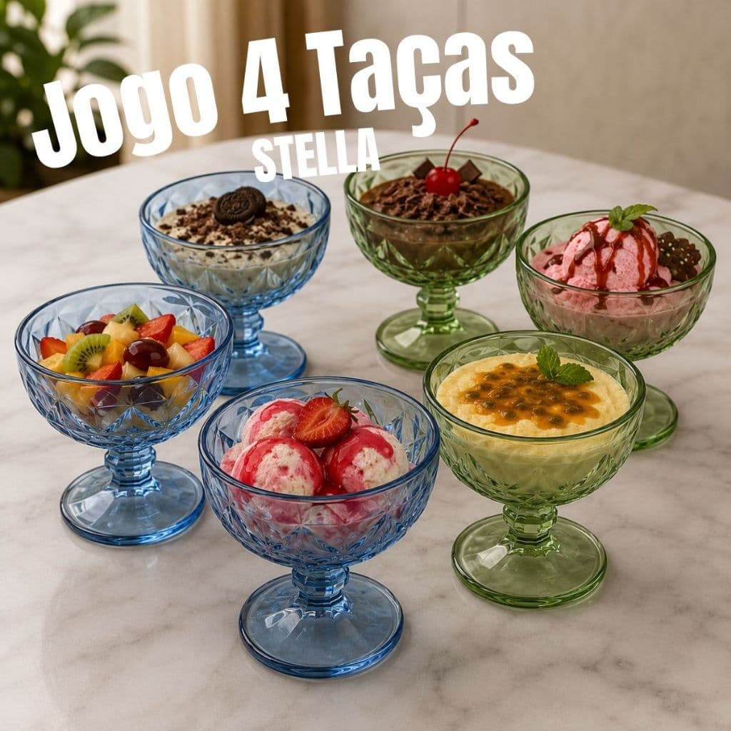 Jogo 4 Taças Vidro Stella para Sobremesa 400ML Azul & Verde Luxo