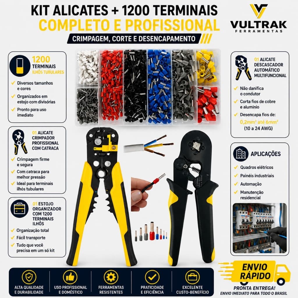 Kit Alicate Crimpar Decapador Descascador Crimpador 1200 Terminais Ilhos 0,25 Até 10mm²