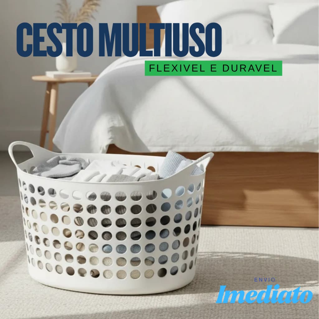 Cesto multiuso Roupa Suja 35L Oval Flexível Com Alça Branco Organizador Lavanderia Arthi