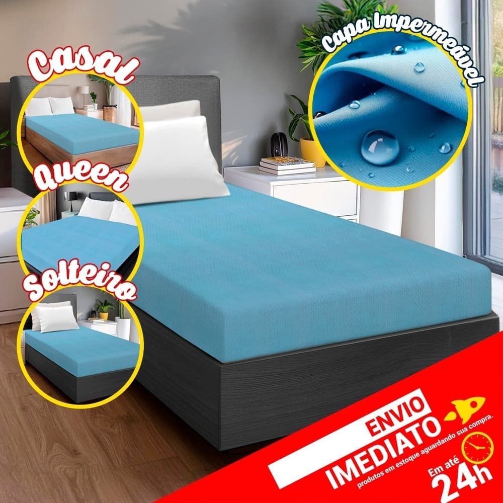 Protetor de Colchão Impermeável Com Elástico Para Colchão de Solteiro, Casal, Queen Azul