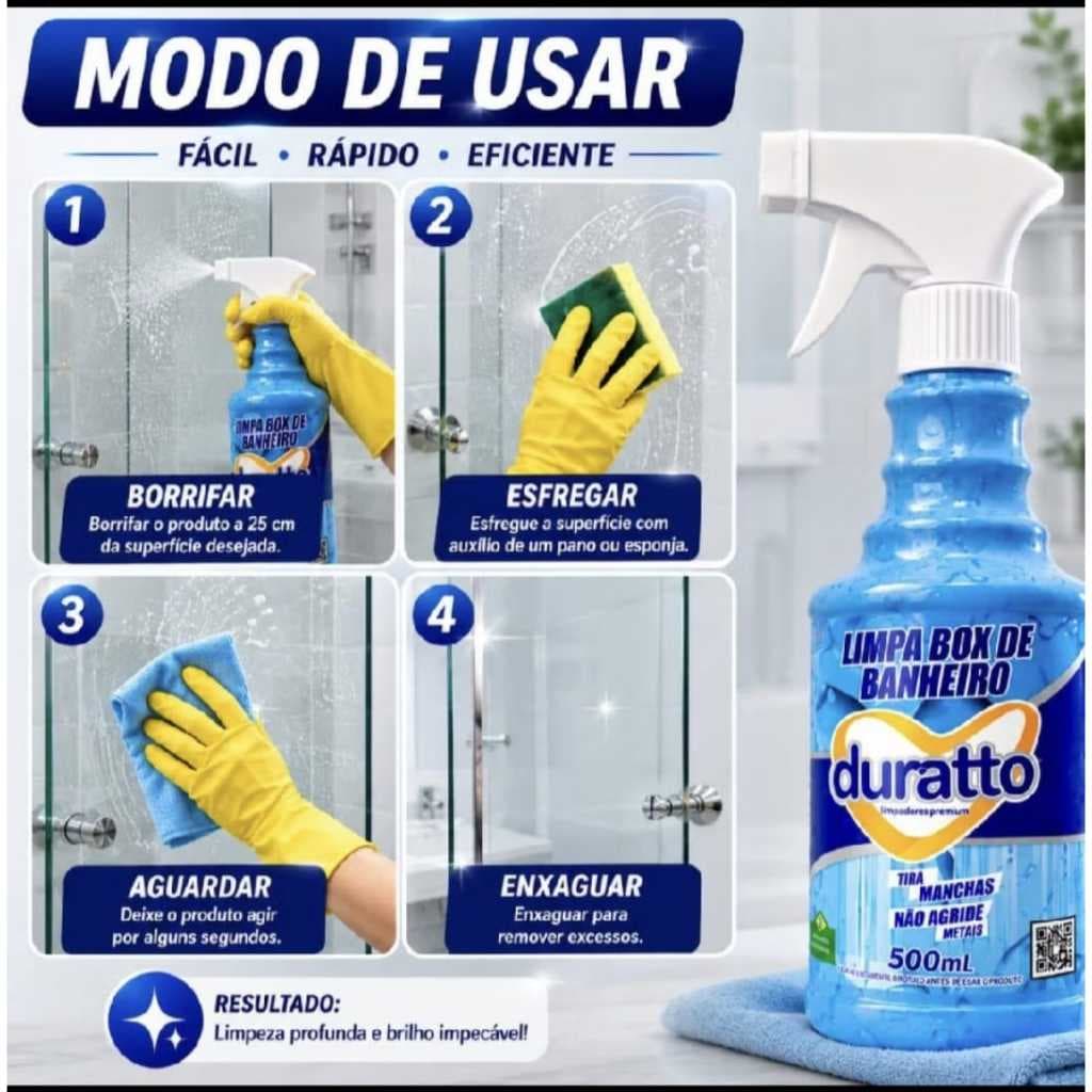 Limpa Box De Banheiro Remove Manchas Vidros Espelhos 500ml Duratto