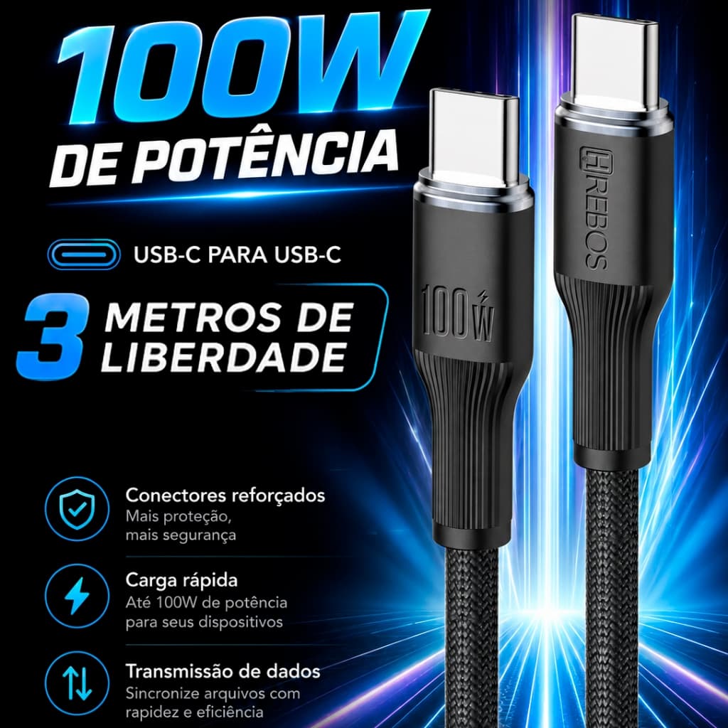 Cabo Carregador 3 metros 100w Hrebos Soft Dual Tipo C Para Tipo C Turbo Original Nylon Trançado Reforçado