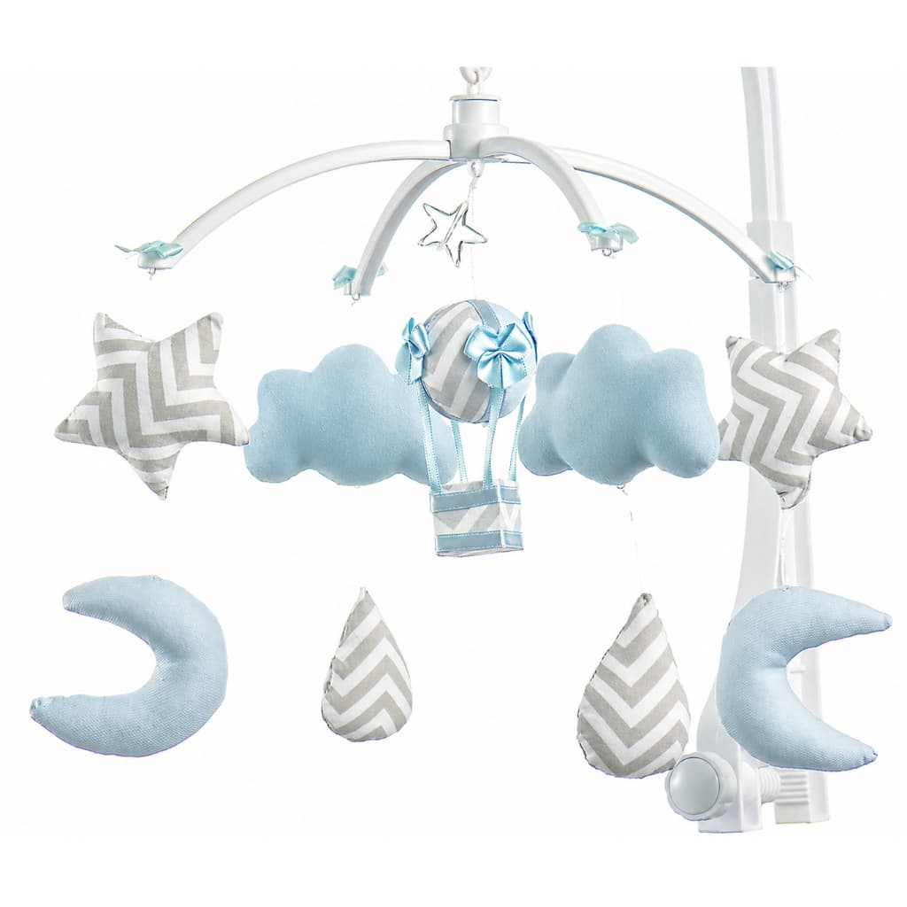 Móbile Berço Bebê Musical E Giratório Nuvens E Balão Azul Menino Brinquedo Para Berço Envio Imediato