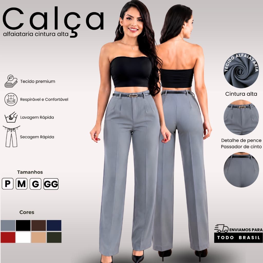 Calça Feminina Alfaiataria Cintura Alta Com Cinto Zíper Na Lateral Social e Bonita