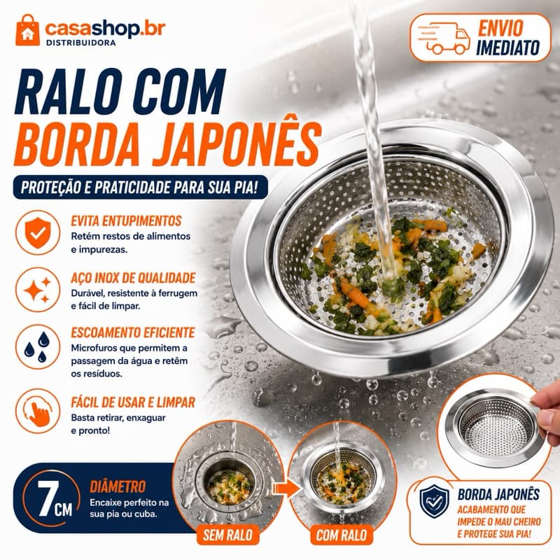 Ralo Borda Japones 7cm Aço Inox Protetor Para Pia e Cuba de Cozinha