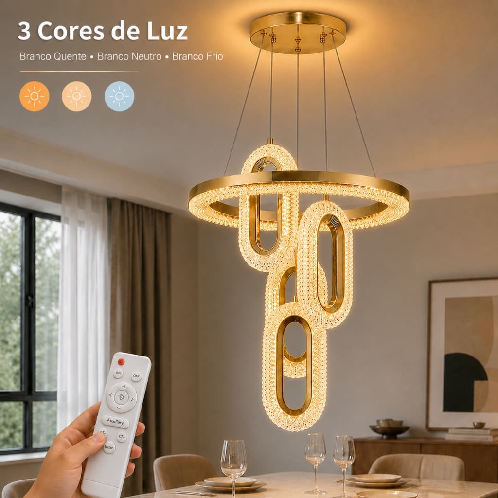 3 Cores Lustre LED Pendente Cristal Dourado 84W com Controle Remoto para Sala de Jantar