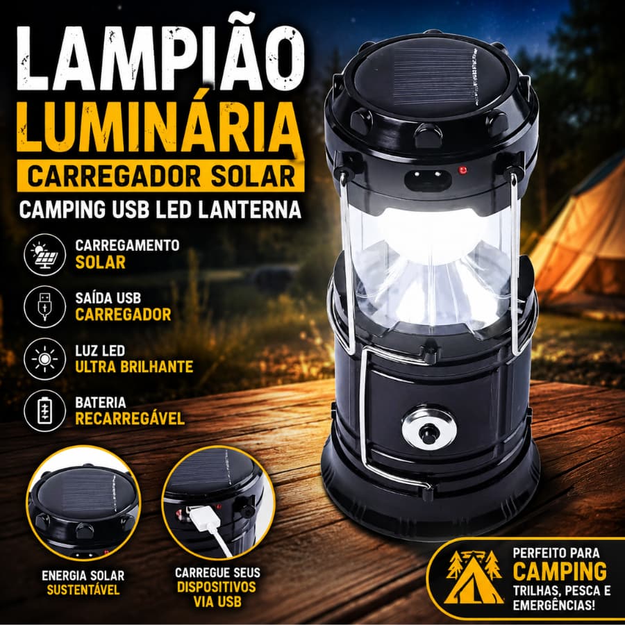 Lampião Luminária De Emergência Carregador Solar Camping Usb Led Lanterna
