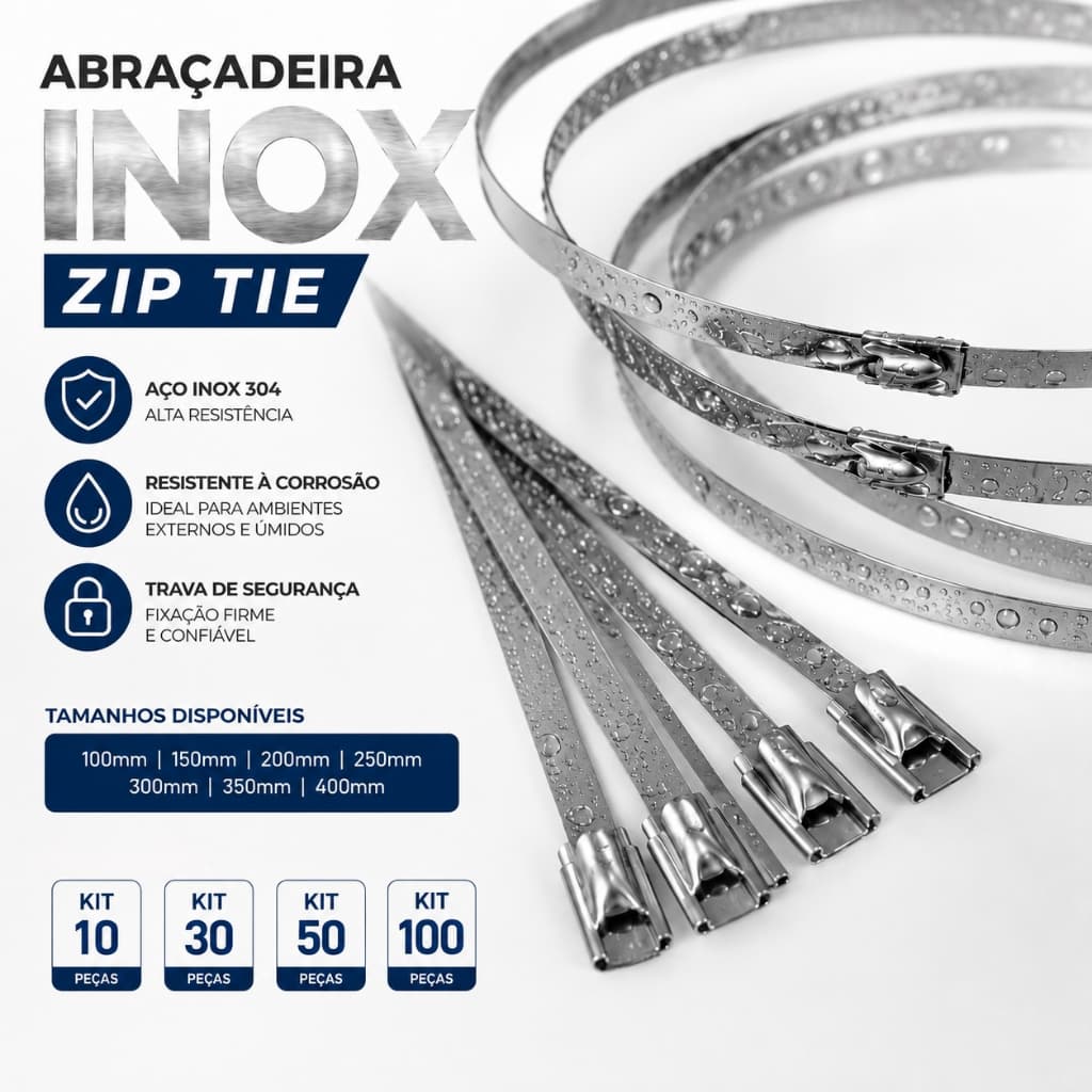 Kit até 100 peças Abraçadeira Inox Zip Tie Enforca Gato Fita Tamanho 8cm/100mm a 400mm