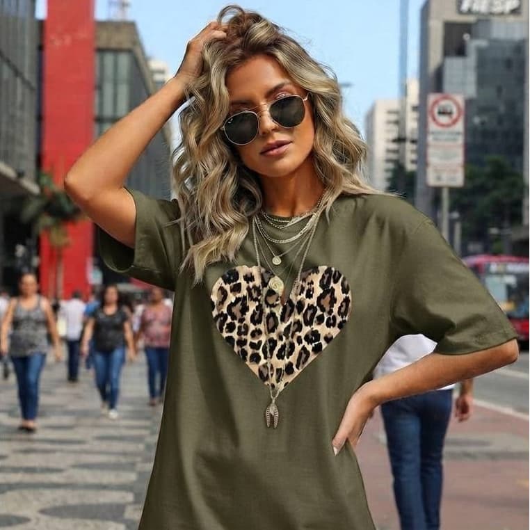 Camiseta Onça Coração, Plus Size, Animal Print, Moda Tendência Despojado, Tecido 100% Algodão