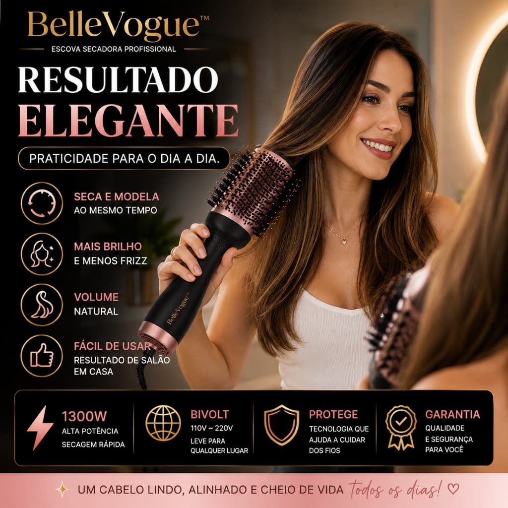 Escova Secadora Profissional 1300W Bivolt Seca Alisa Modela Dá Volume BelleVogue