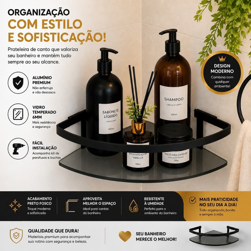 Prateleira de Canto para Banheiro em Alumínio e Vidro Temperado 6mm Preto Fosco